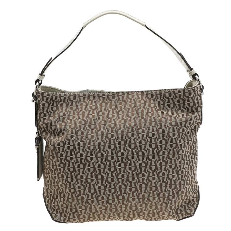 Pre Owned Aigner Beige/Off White Canvas and Leather Hobo