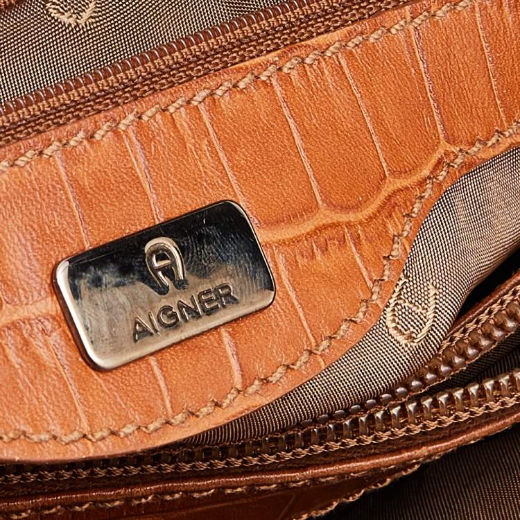 Pre Owned Aigner Orange Nylon and Croc Embossed Leather Tote