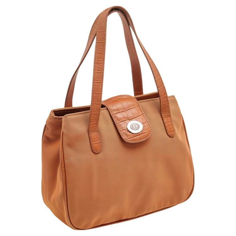 Pre Owned Aigner Orange Nylon and Croc Embossed Leather Tote