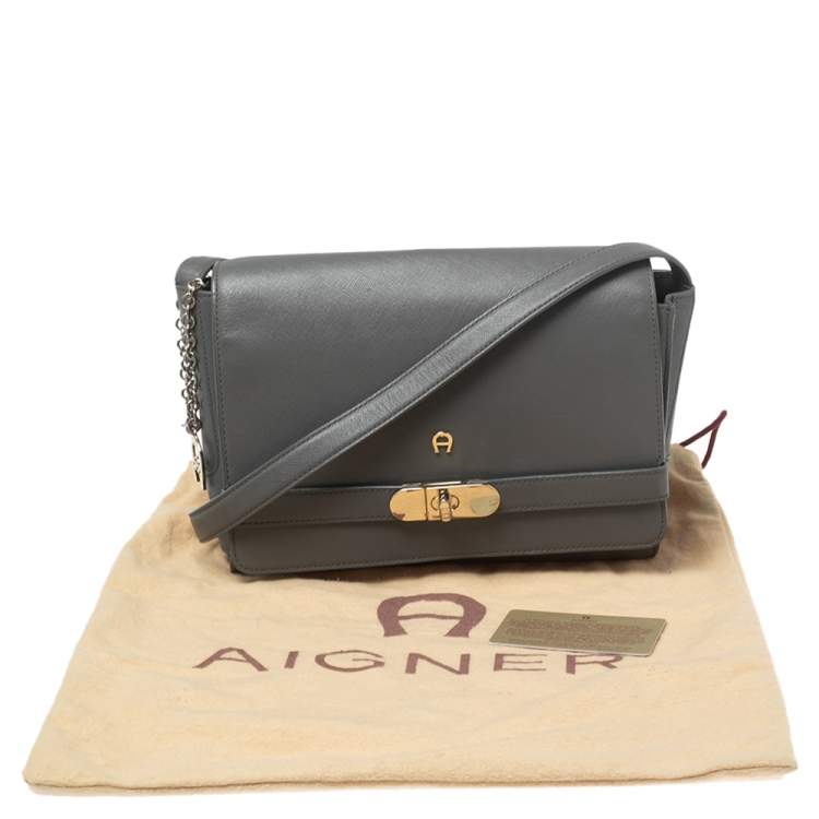 Pre Owned Aigner Grey Leather Turnlock Flap Shoulder Bag