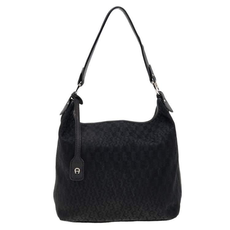 Pre Owned Aigner Black Signature Canvas and Leather Hobo