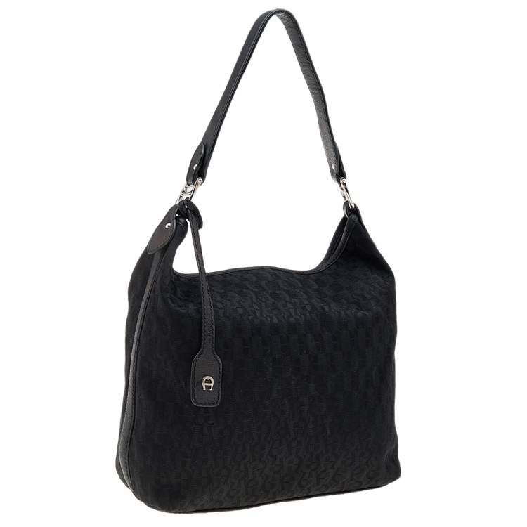 Pre Owned Aigner Black Signature Canvas and Leather Hobo