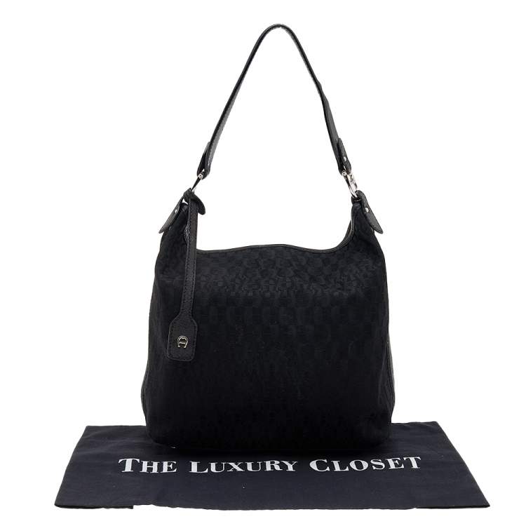 Pre Owned Aigner Black Signature Canvas and Leather Hobo