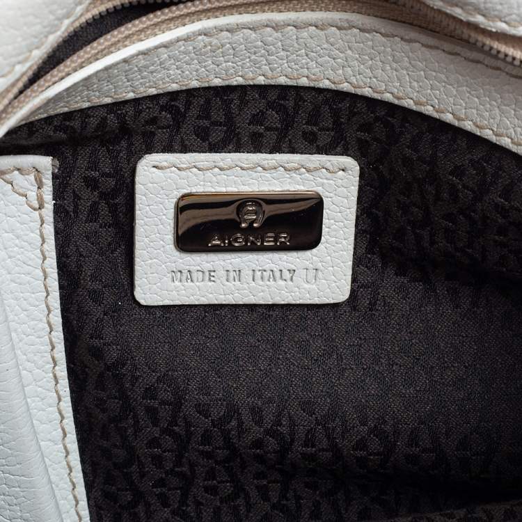 Pre Owned Aigner White Signature Canvas and Leather Buckle Flap Shoulder Bag