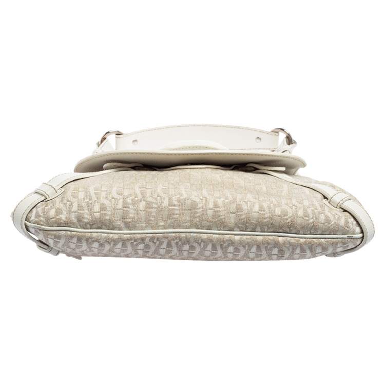 Pre Owned Aigner White Signature Canvas and Leather Buckle Flap Shoulder Bag