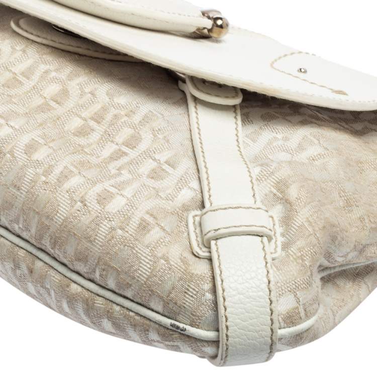 Pre Owned Aigner White Signature Canvas and Leather Buckle Flap Shoulder Bag