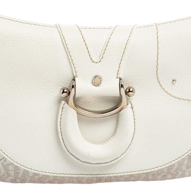 Pre Owned Aigner White Signature Canvas and Leather Buckle Flap Shoulder Bag