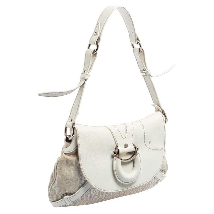 Pre Owned Aigner White Signature Canvas and Leather Buckle Flap Shoulder Bag