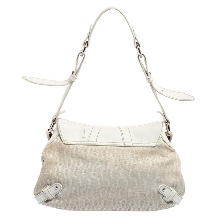 Pre Owned Aigner White Signature Canvas and Leather Buckle Flap Shoulder Bag