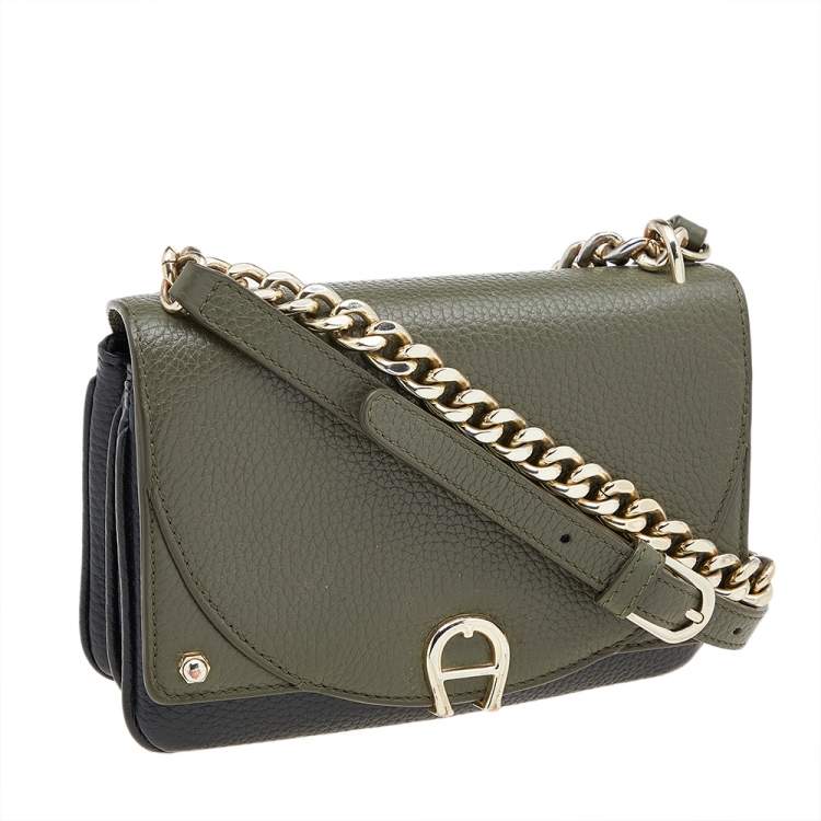 Pre Owned Aigner Dark Green/Black Leather Diadora Crossbody Bag