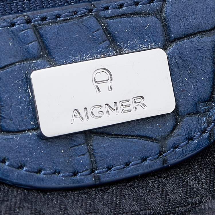 Pre Owned Aigner Blue Croc Embossed Leather Shoulder Bag