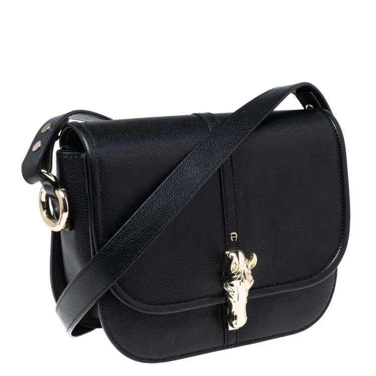 مملوكة مسبقًا Aigner Black Leather Cybill Cavallo Flap Shoulder Bag