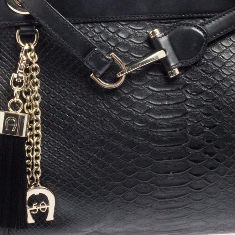 مملوكة مسبقًا Aigner Black Croc Embossed Leather Cavallina Tote