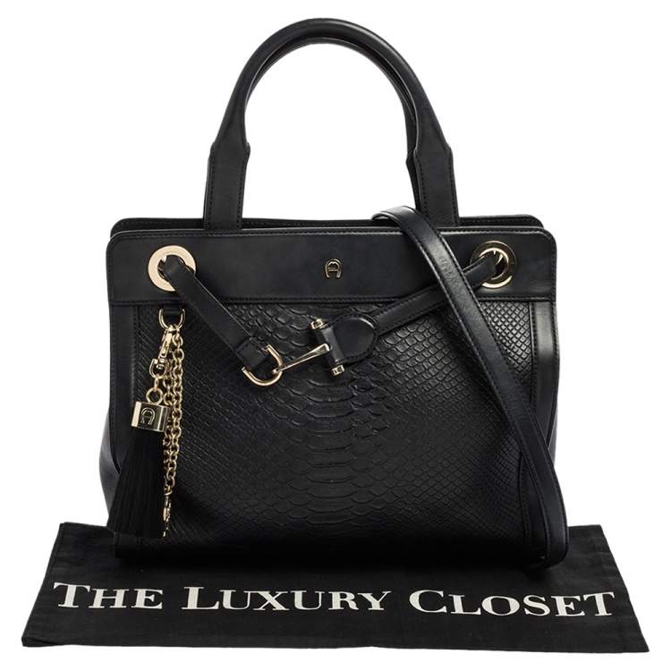 مملوكة مسبقًا Aigner Black Croc Embossed Leather Cavallina Tote