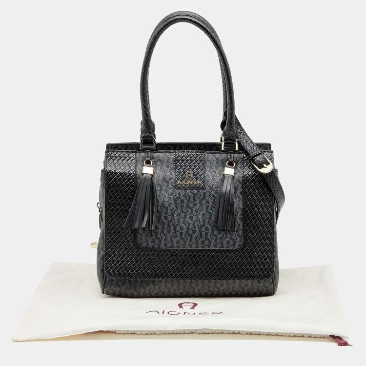 Pre Owned Aigner Black Signature Coated Canvas And Leather Tassel Top Handle Bag