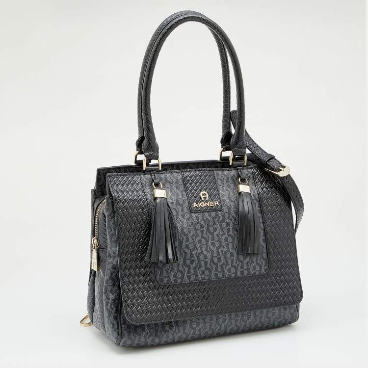 Pre Owned Aigner Black Signature Coated Canvas And Leather Tassel Top Handle Bag