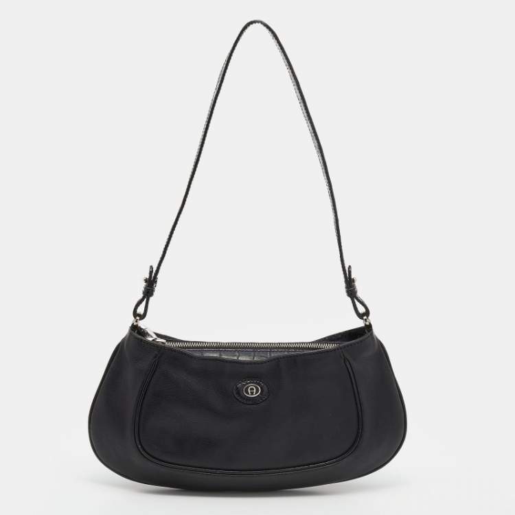 مملوكة مسبقًا Aigner Black Leather and Croc Embossed Shoulder Bag