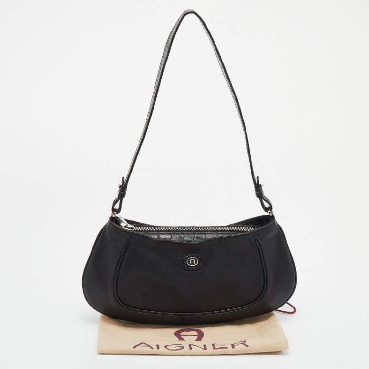 مملوكة مسبقًا Aigner Black Leather and Croc Embossed Shoulder Bag