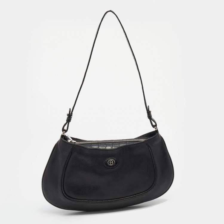 مملوكة مسبقًا Aigner Black Leather and Croc Embossed Shoulder Bag
