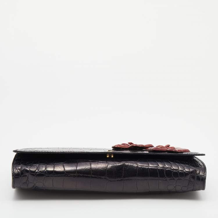 Pre Owned Aigner Black Croc Embossed Leather Floral Applique Flap Clutch