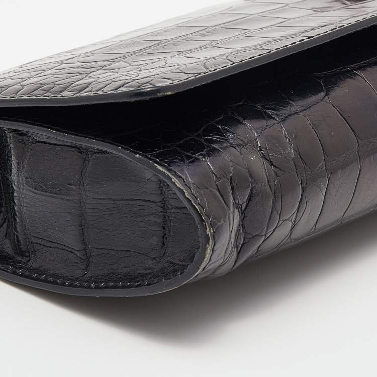Pre Owned Aigner Black Croc Embossed Leather Floral Applique Flap Clutch