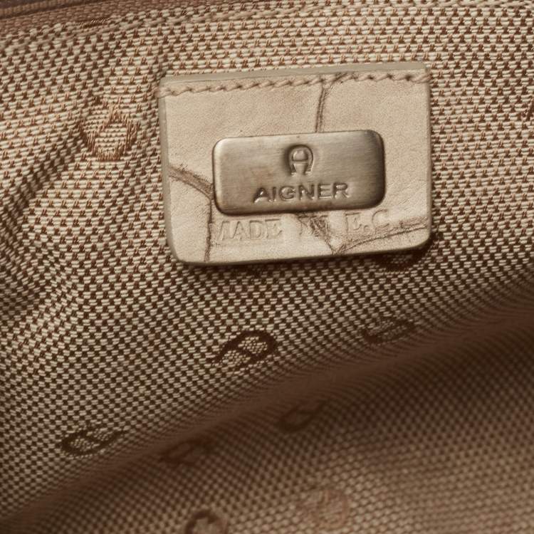 Pre Owned Aigner Vanilla/Black Croc Embossed Leather Flap Satchel