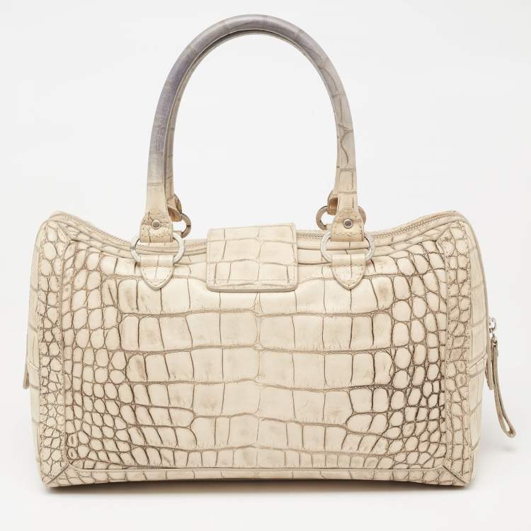 Pre Owned Aigner Vanilla/Black Croc Embossed Leather Flap Satchel