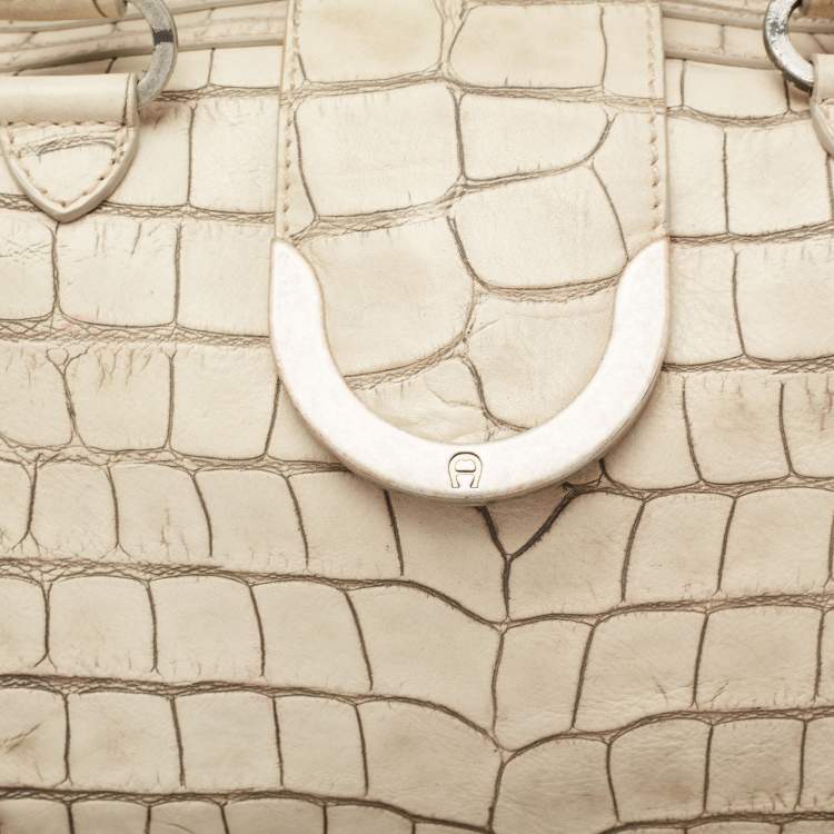 Pre Owned Aigner Vanilla/Black Croc Embossed Leather Flap Satchel