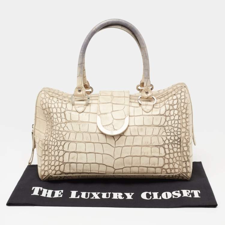 Pre Owned Aigner Vanilla/Black Croc Embossed Leather Flap Satchel