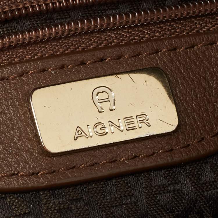 Pre Owned Aigner Beige/Brown Signature Canvas and Leather Front Pocket Hobo