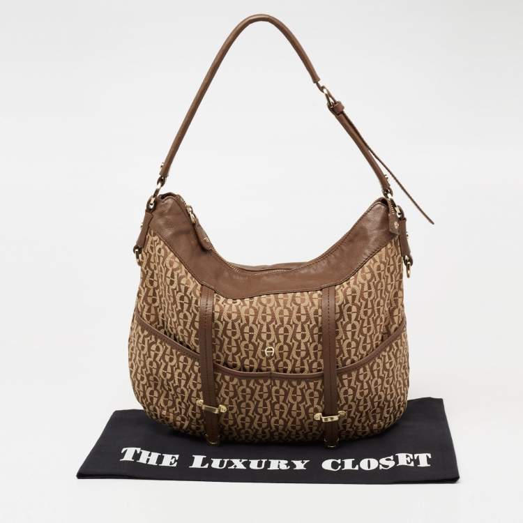 Pre Owned Aigner Beige/Brown Signature Canvas and Leather Front Pocket Hobo