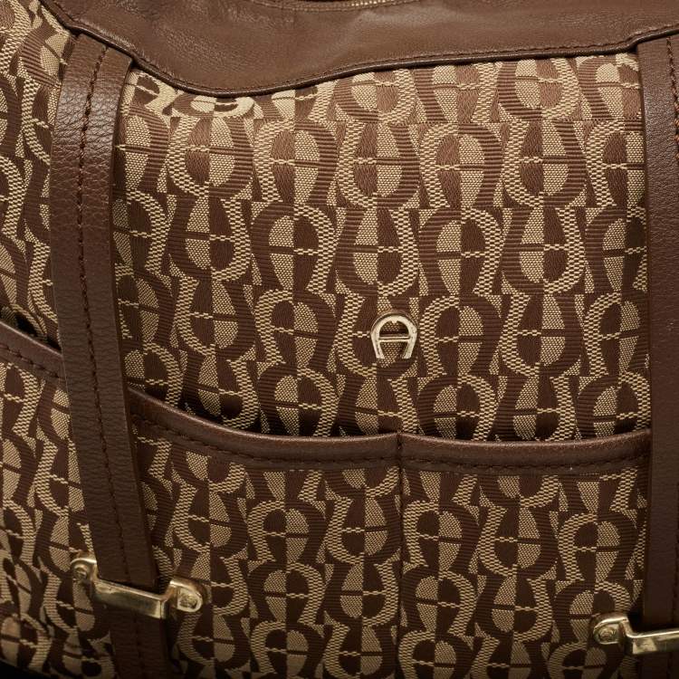Pre Owned Aigner Beige/Brown Signature Canvas and Leather Front Pocket Hobo