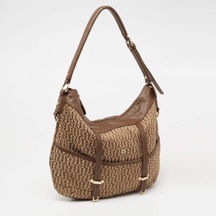 Pre Owned Aigner Beige/Brown Signature Canvas and Leather Front Pocket Hobo
