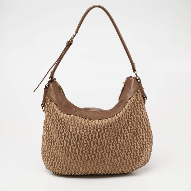 Pre Owned Aigner Beige/Brown Signature Canvas and Leather Front Pocket Hobo