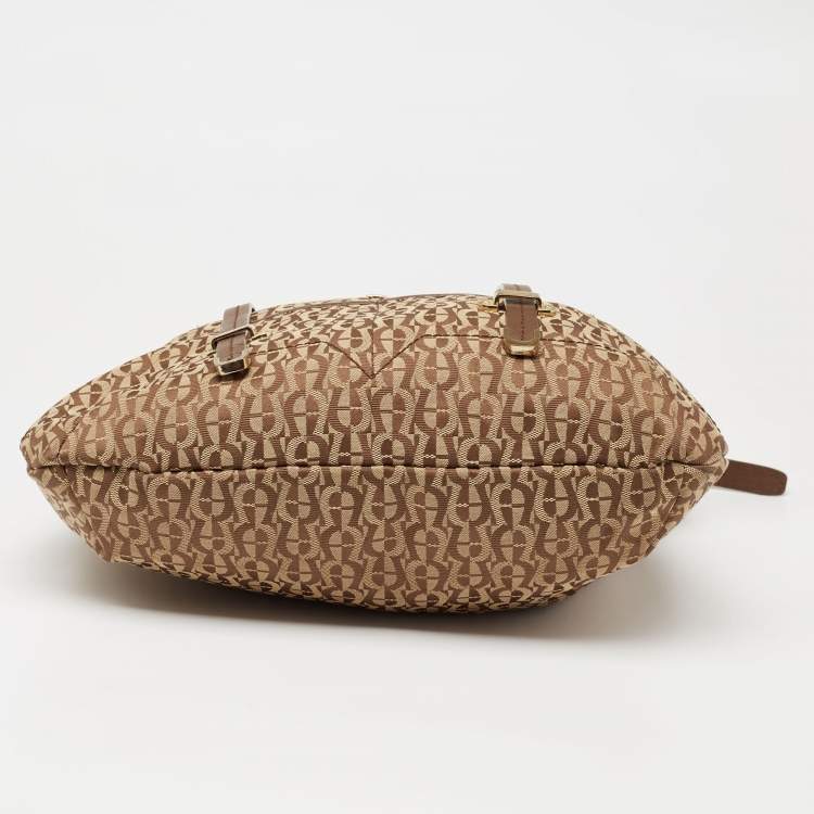 Pre Owned Aigner Beige/Brown Signature Canvas and Leather Front Pocket Hobo