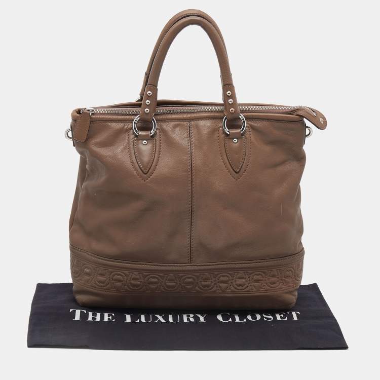 Pre Owned Aigner Dark Taupe Leather Zip Tote