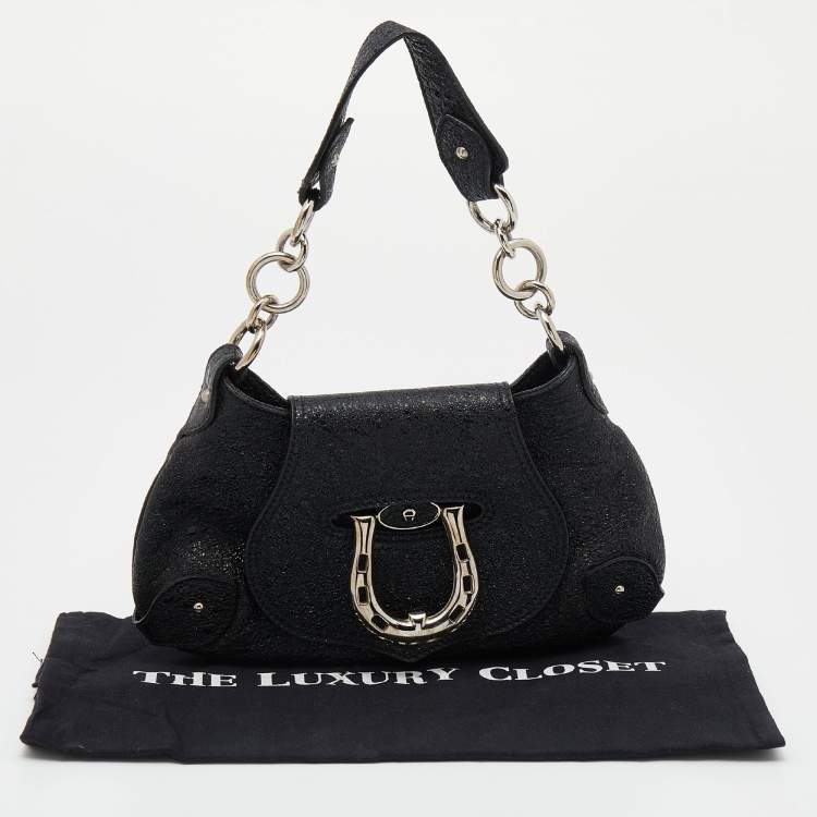 Pre Owned Aigner Black Crinkled Patent Leather Baguette Bag