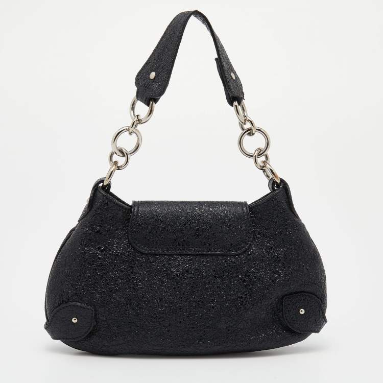 Pre Owned Aigner Black Crinkled Patent Leather Baguette Bag