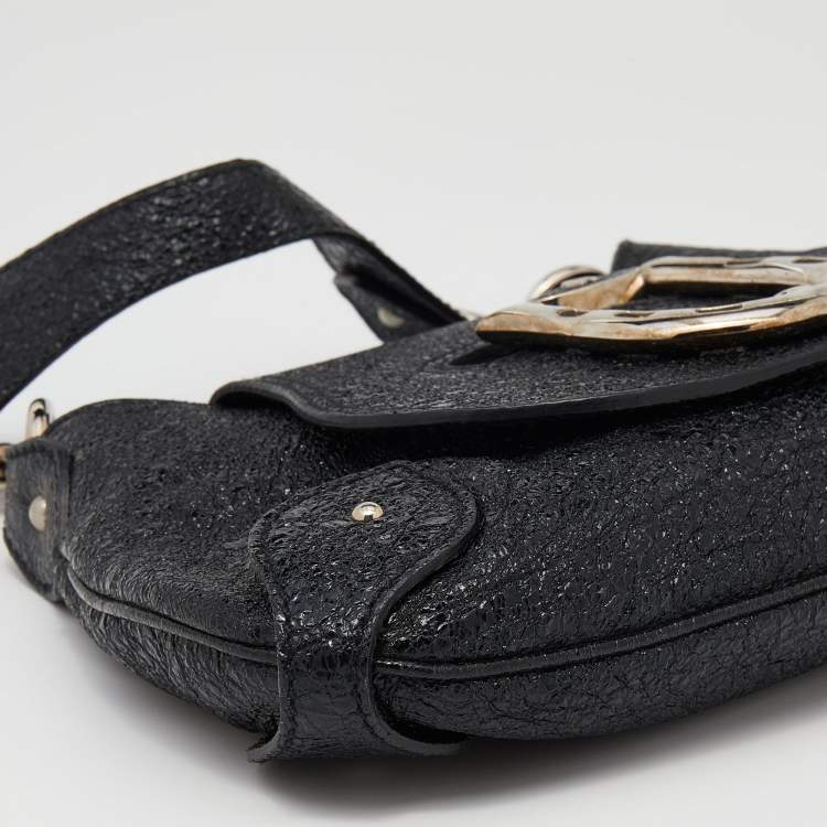 Pre Owned Aigner Black Crinkled Patent Leather Baguette Bag