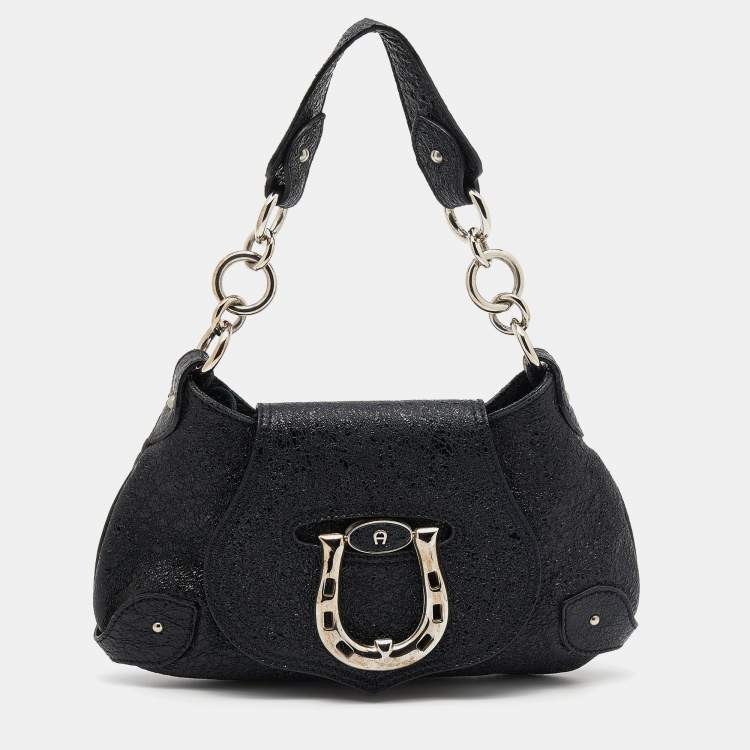 Pre Owned Aigner Black Crinkled Patent Leather Baguette Bag