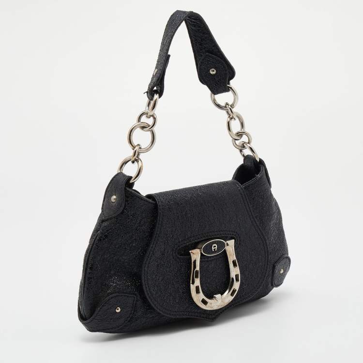 Pre Owned Aigner Black Crinkled Patent Leather Baguette Bag