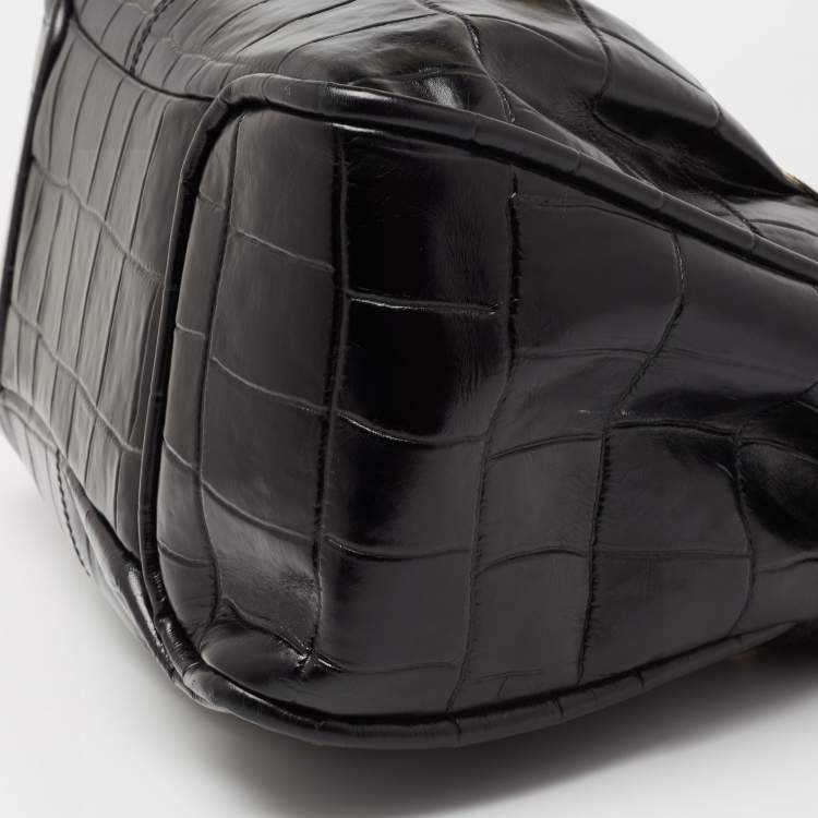 Pre Owned Aigner Black Croc Embossed Leather Satchel