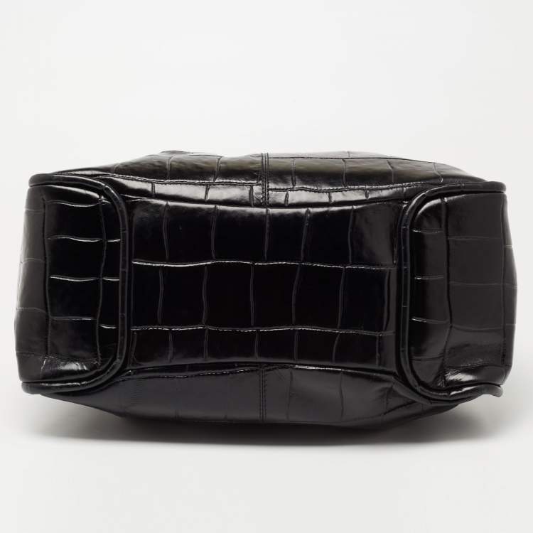 Pre Owned Aigner Black Croc Embossed Leather Satchel