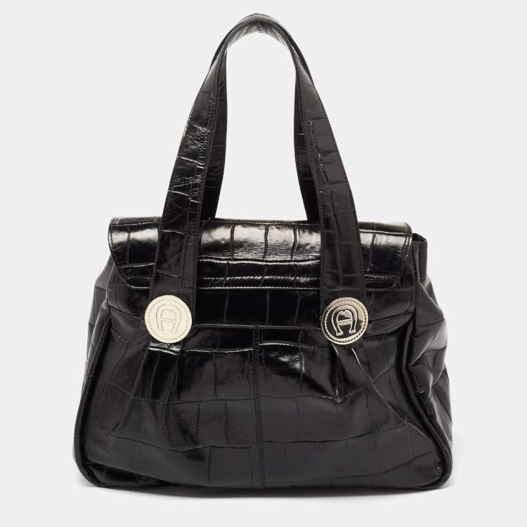 Pre Owned Aigner Black Croc Embossed Leather Satchel