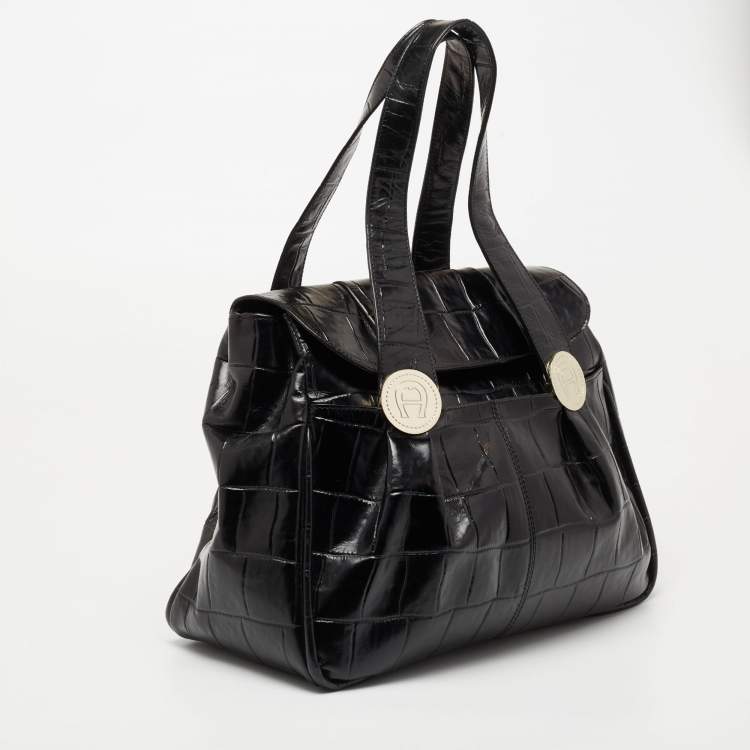 Pre Owned Aigner Black Croc Embossed Leather Satchel