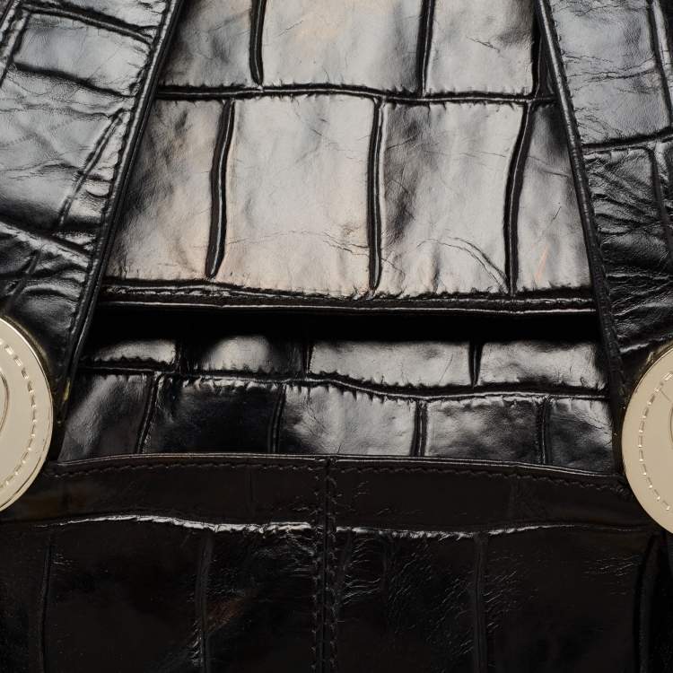 Pre Owned Aigner Black Croc Embossed Leather Satchel