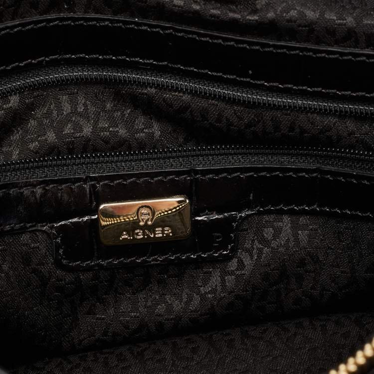 Pre Owned Aigner Black Croc Embossed Leather Satchel