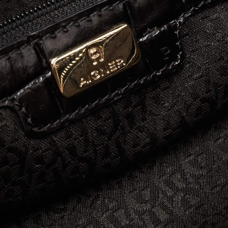 Pre Owned Aigner Black Croc Embossed Leather Satchel