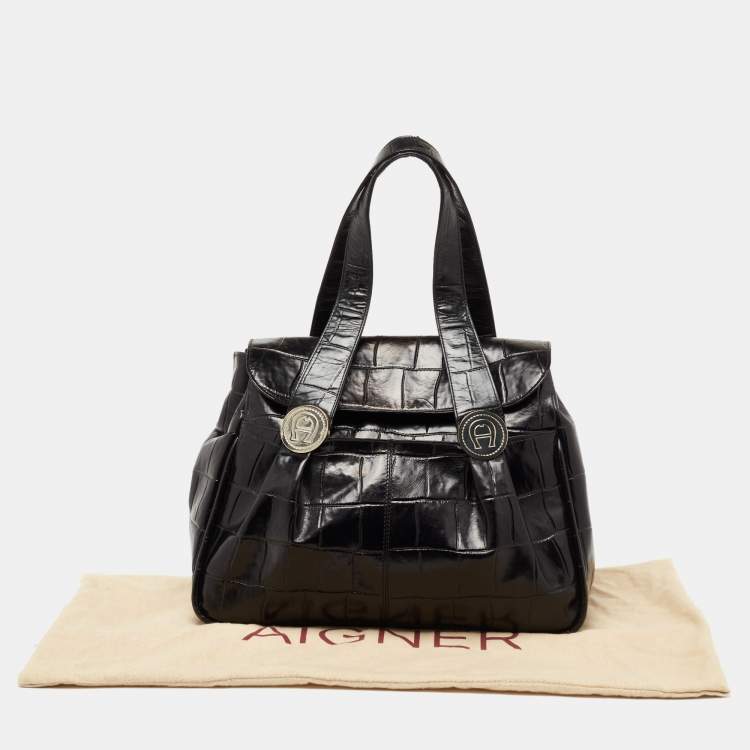 Pre Owned Aigner Black Croc Embossed Leather Satchel