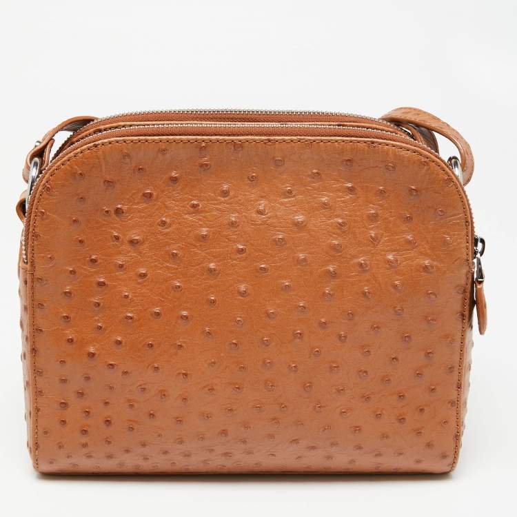 Pre Owned Aigner Tan Ostrich Embossed Leather Double Zip Crossbody Bag